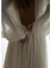 Boat Neck Ivory Chiffon Open Back Airy Wedding Dress